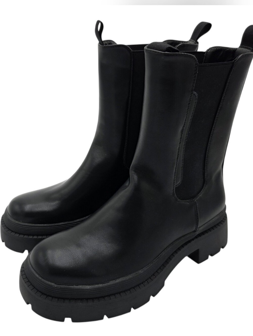 Black Chelsea Lug Sole Mid Calf Boots Pull On Size 41